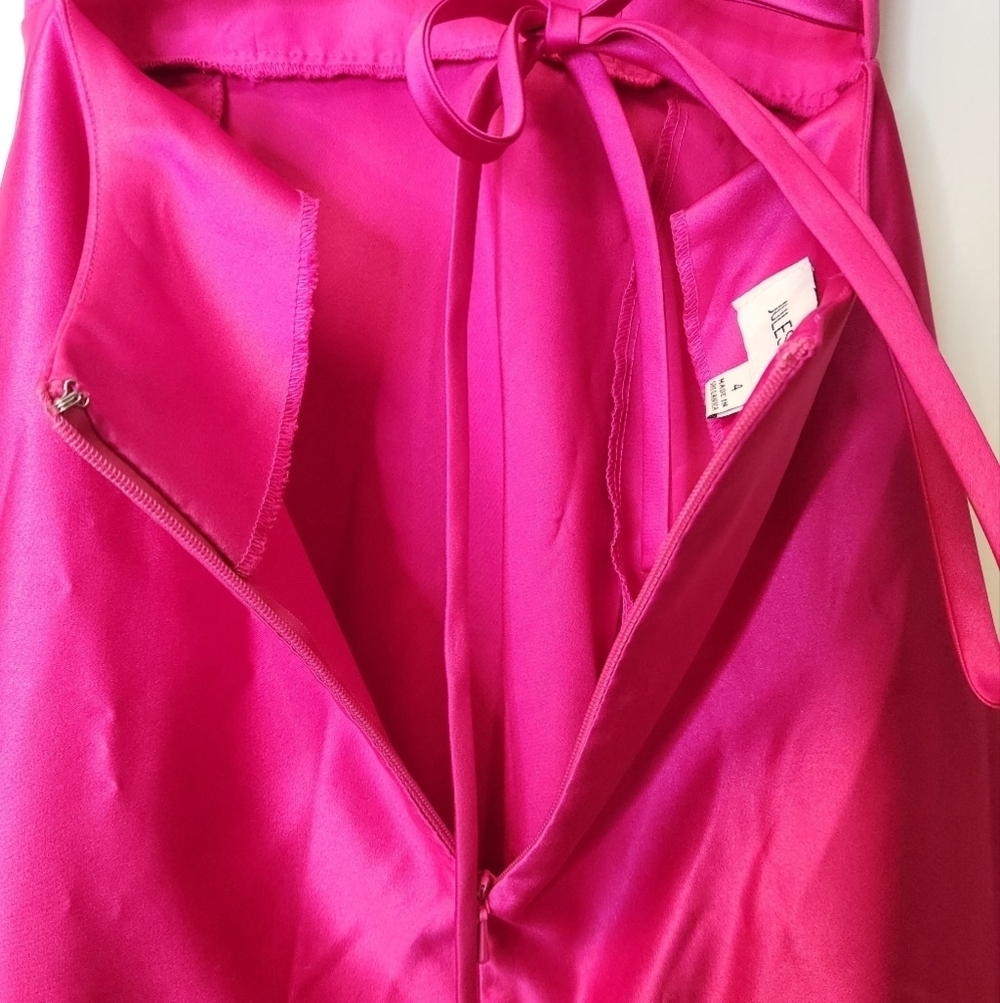 JULES AND CLEO DAVID'S BRIDAL Satin Spaghetti Strap A Line Dress Hot Pink Size 4 - Picture 12 of 15